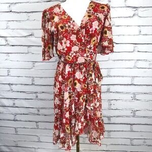 Socialite Red‎ Floral Wrap Dress Short Flutter Sleeve Ruffle Hem Small
